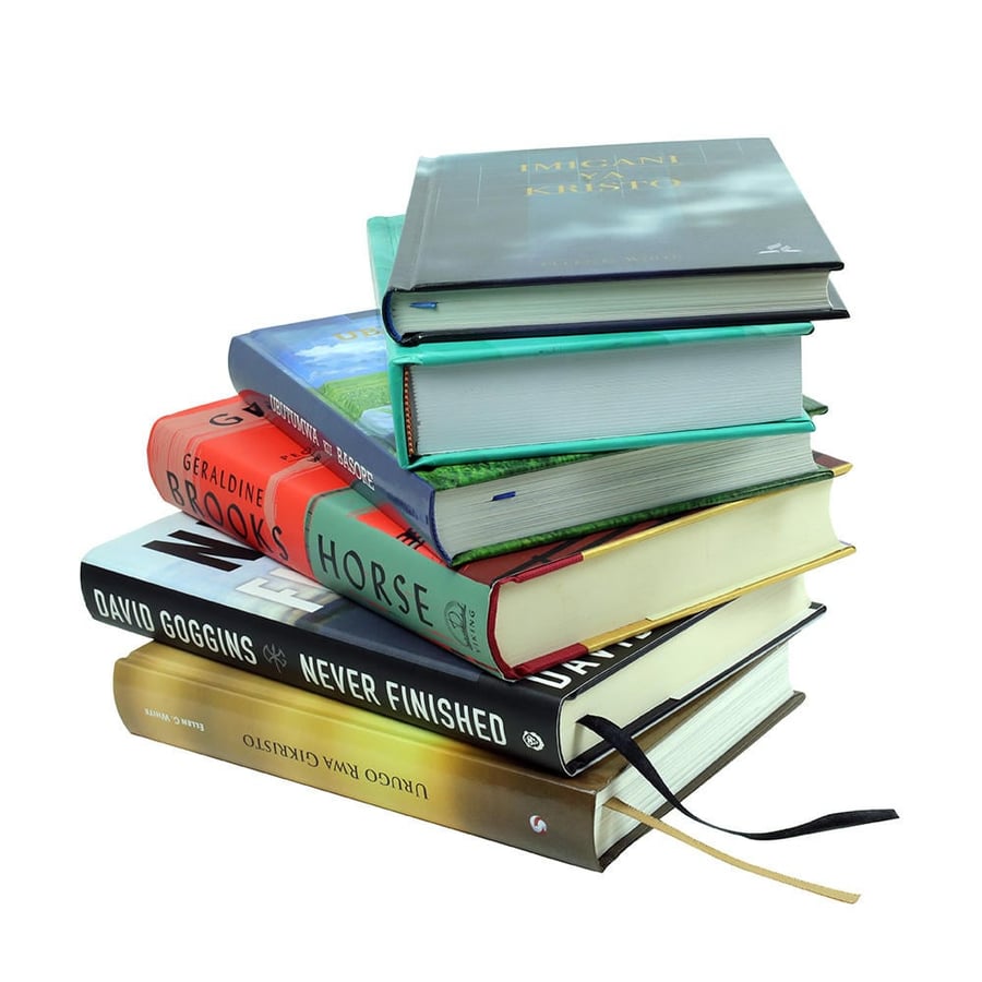 Hardcover books with cloth covers, ribbons, and dust jackets