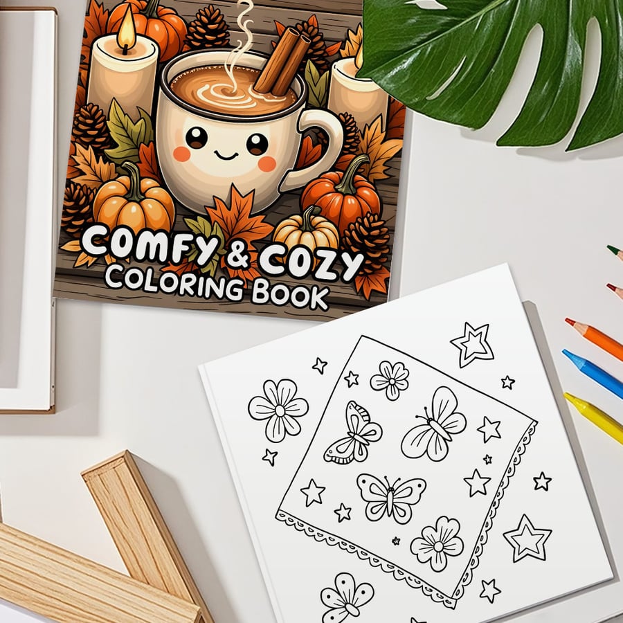Cozy autumn themed coloring book with cute designs and warm tones