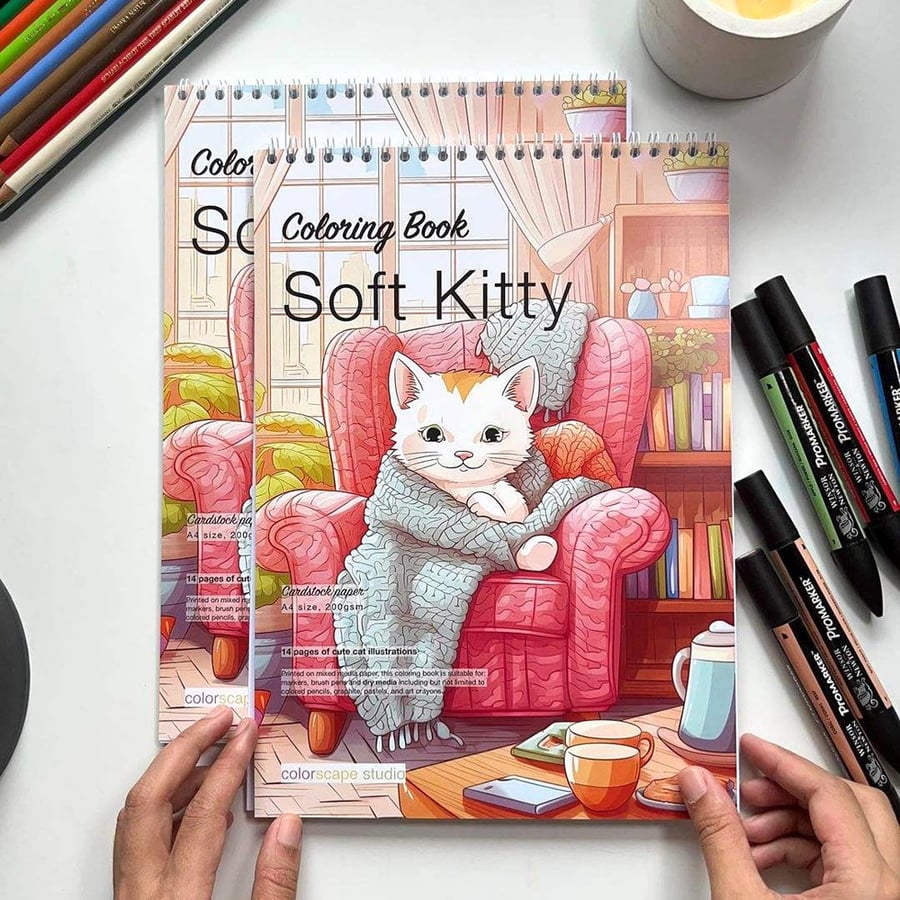 Cozy cat coloring book with home scenes and spiral binding