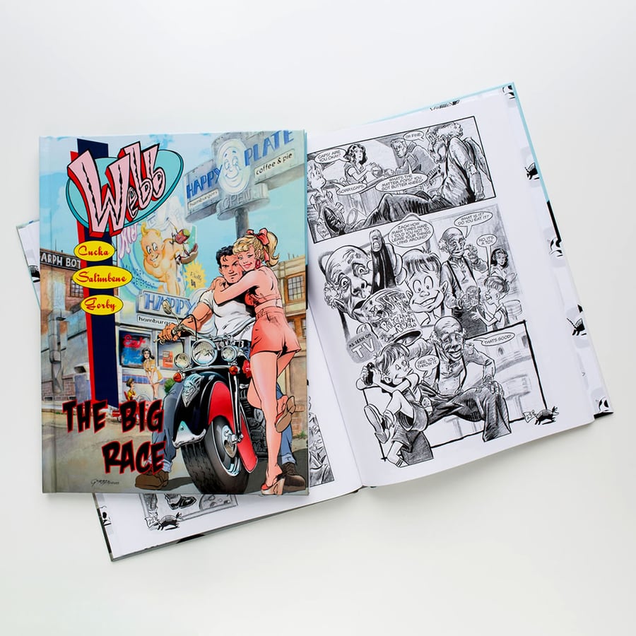Graphic novel with vibrant color cover and finely printed black and white pages
