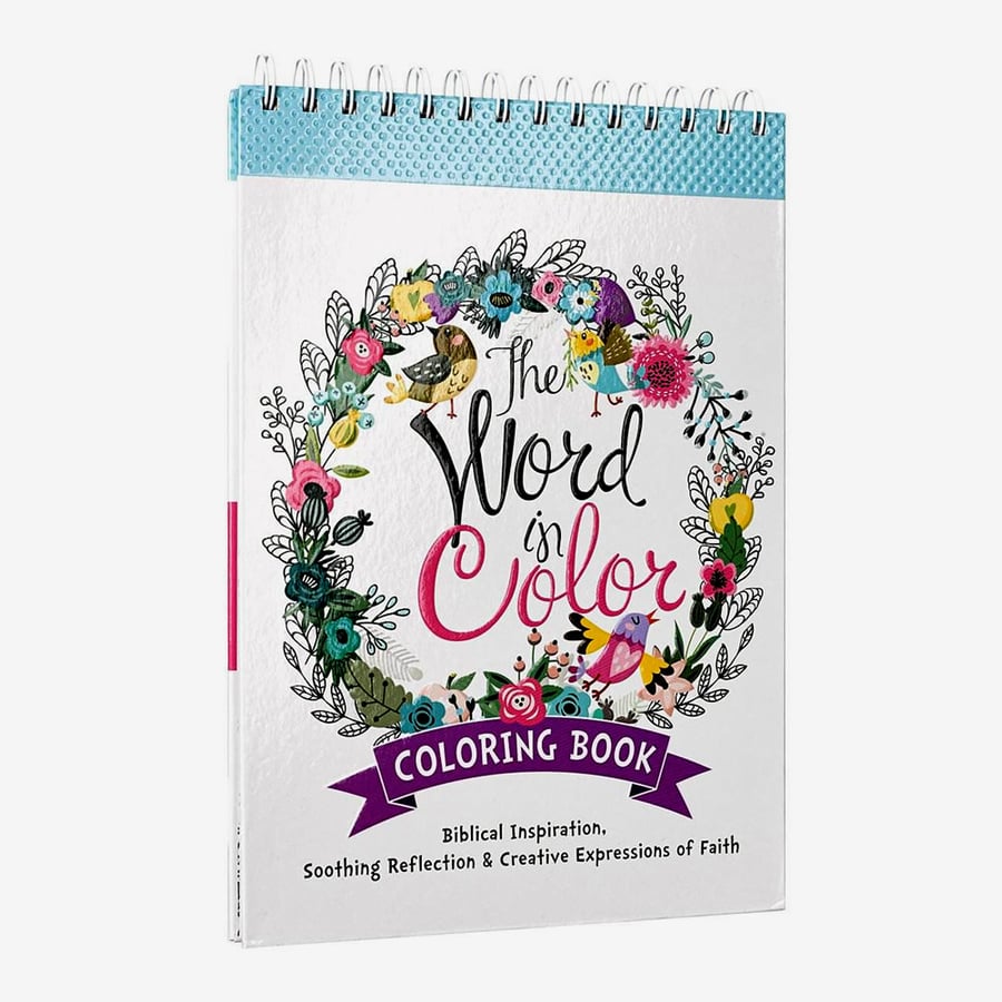 Spiral bound biblical coloring book with floral cover and inspirational design