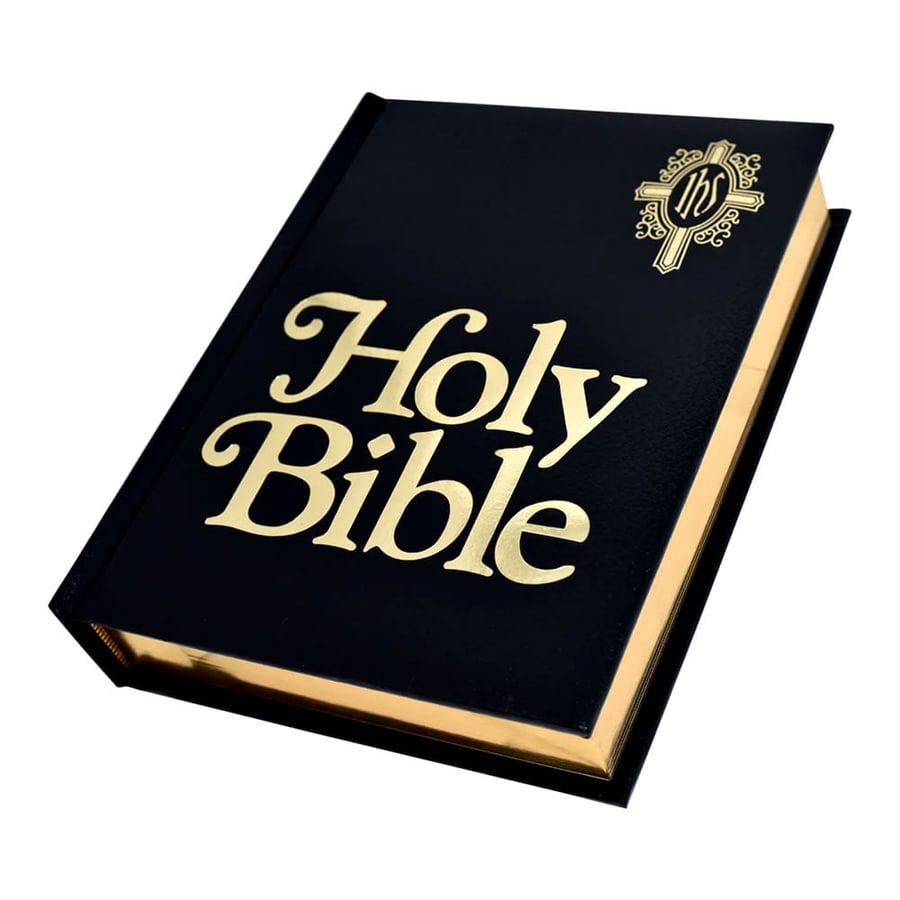 Black leather Bible with bold gold lettering and smooth finish