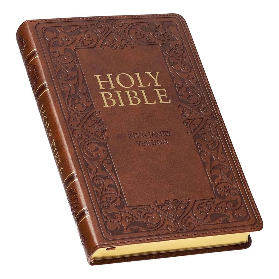 Brown embossed leather Bible with intricate floral patterns