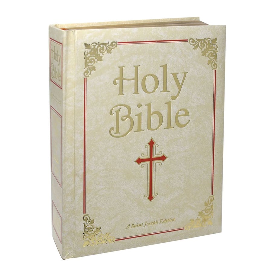 Cream hardcover Bible with gold foil cross and elegant frame