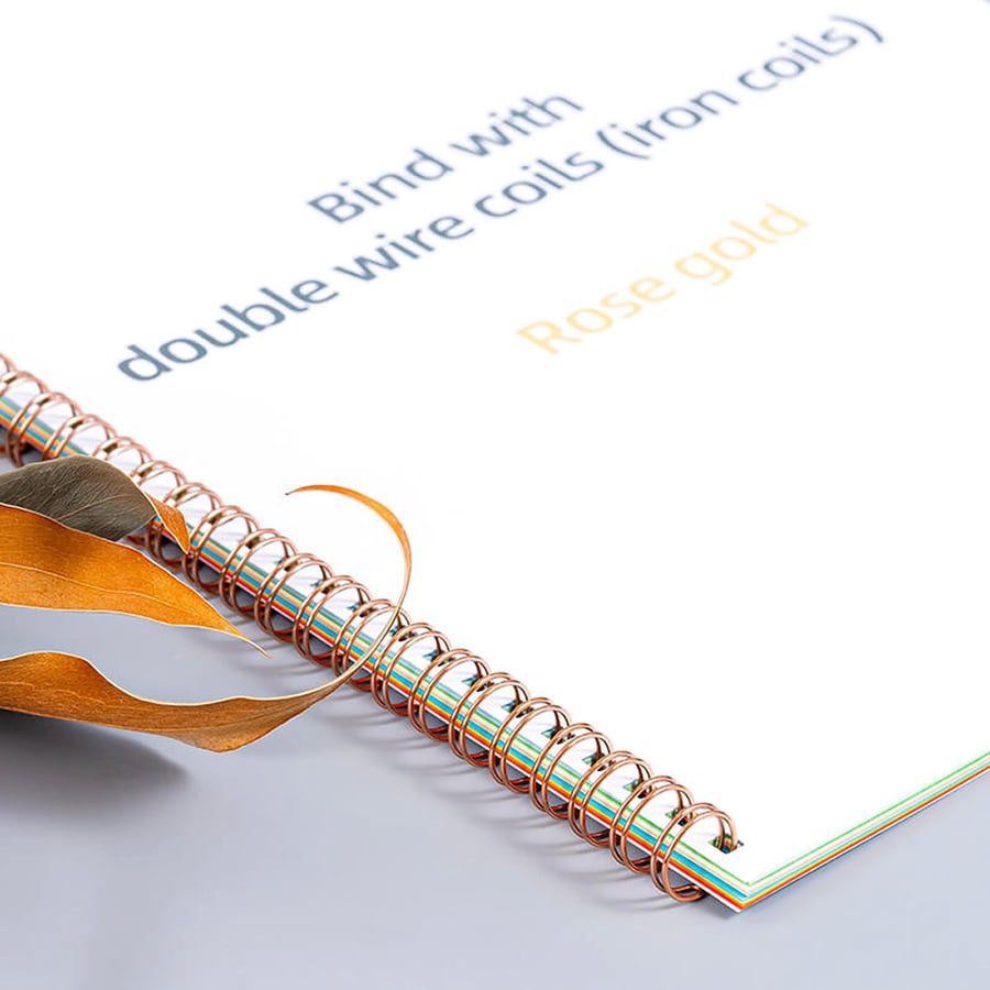 Double wire notebook with rose gold coil and clean grid pages