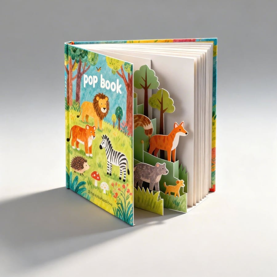 3D pop-up forest scene with animals and layered elements.