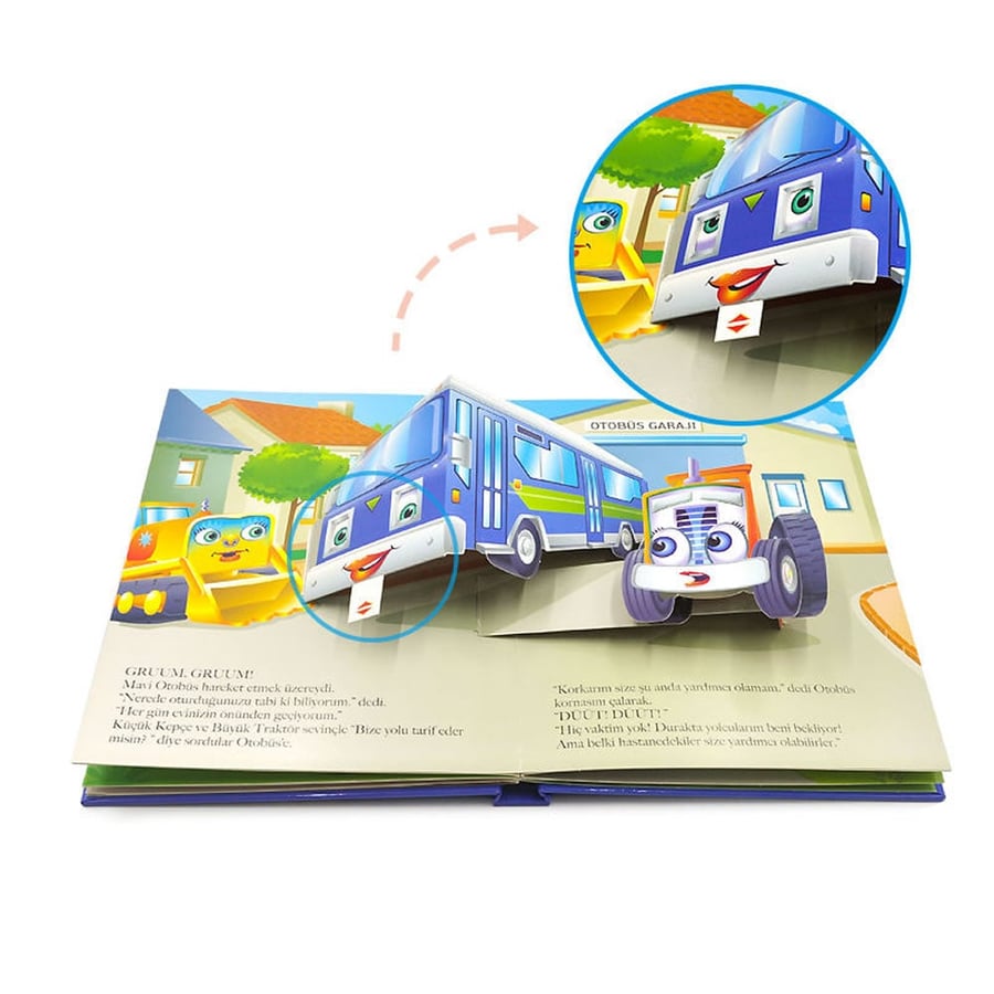 3D pop-up scene featuring animated bus and vehicles in action.