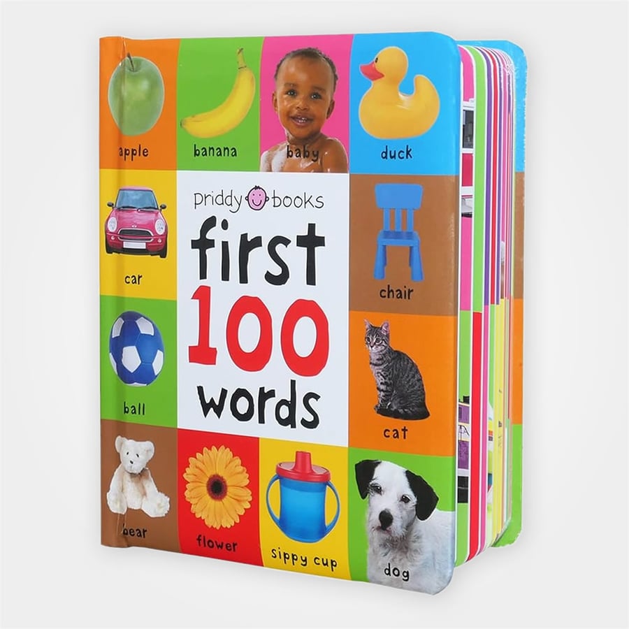 Colorful First 100 Words board book with rounded corners for toddlers.