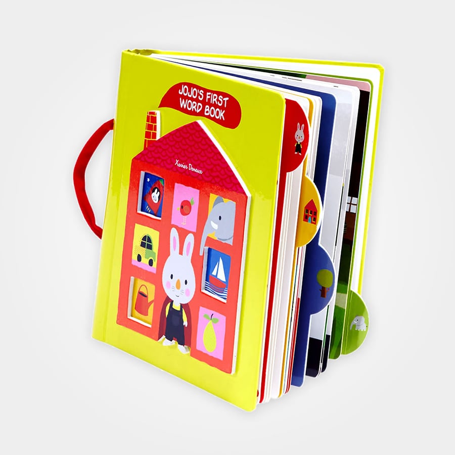 Tabbed board book with colorful pages and a sturdy carrying handle.