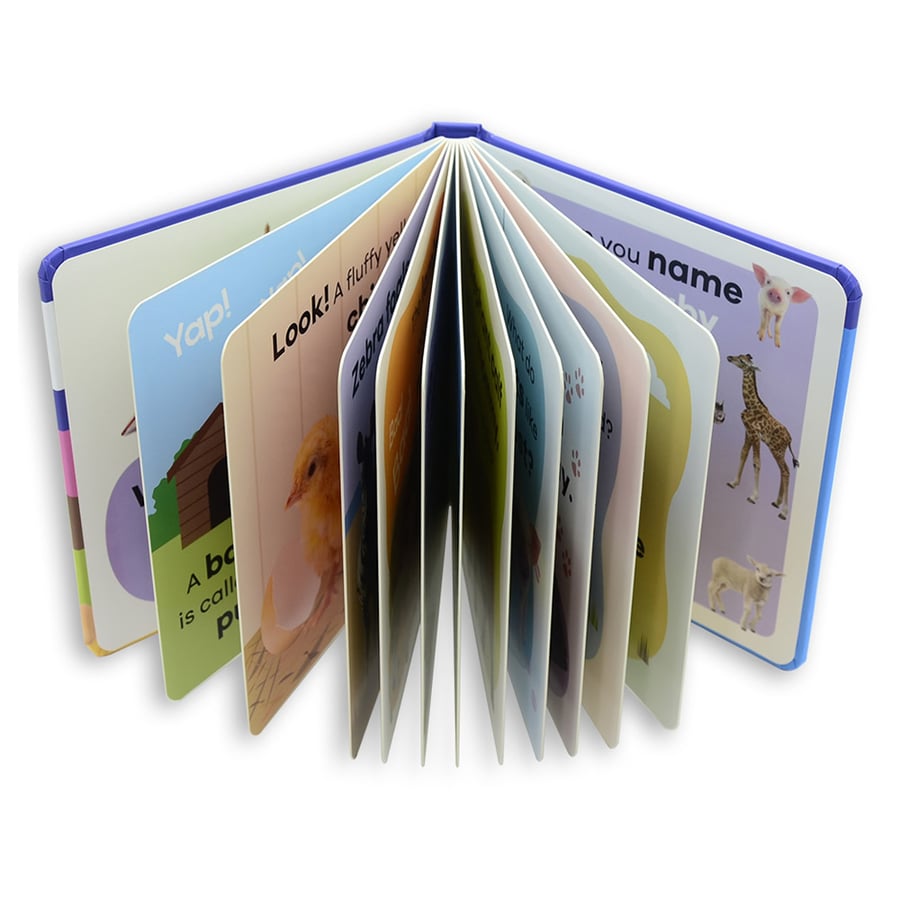 Open board book showing thick rounded pages with colorful animal illustrations.
