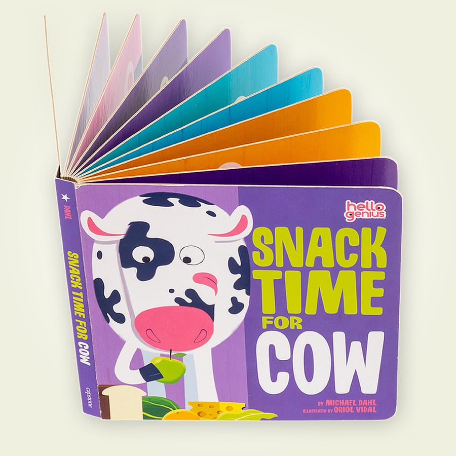 Colorful board book with rounded pages and vibrant animal-themed cover.