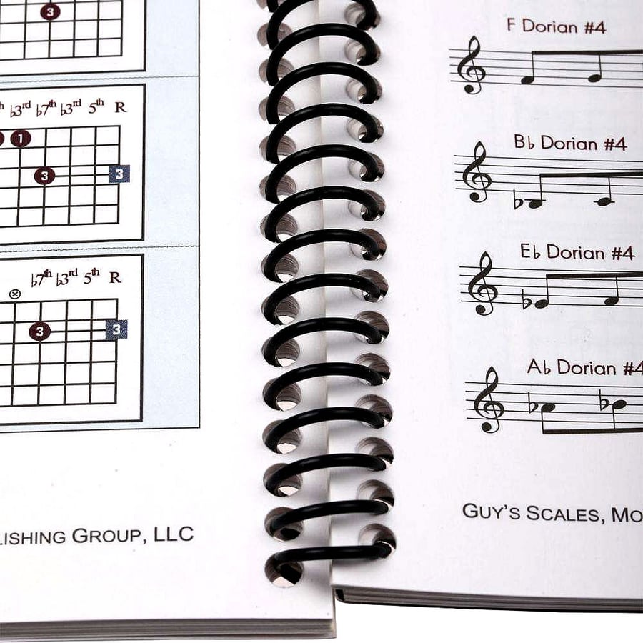 Close-up view of spiral binding with a black coil on printed pages.
